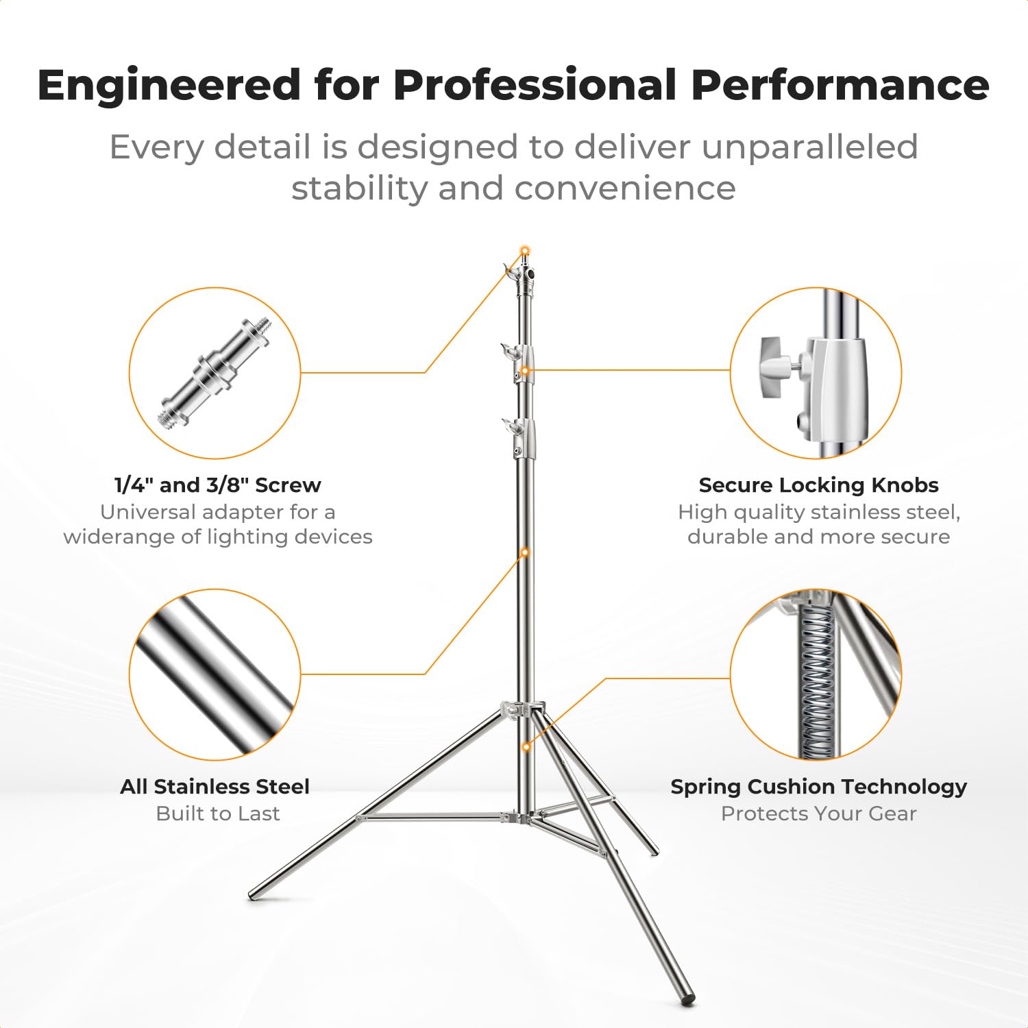 K&F CONCEPT Pied d'Éclairage 280cm Acier Inoxydable pour Studio | Support pliable, adaptateur 1/4-3/8, charge 10kg, flash softbox réflecteur, studio photo, TL04