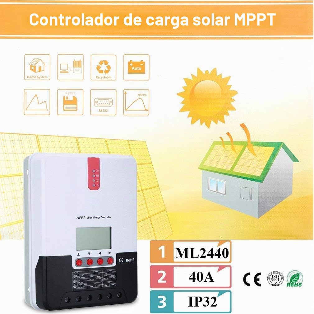 MPPT Controlador de carga solar Pantalla LCD de 12V / 24V que identifica automáticamente el voltaje del sistema para un regulador inteligente(40A)