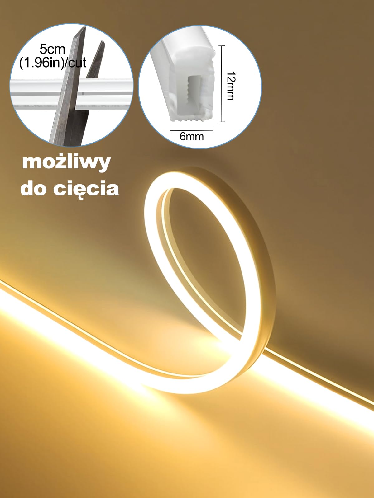 Neonowa taśma LED 10 m ze ściemniaczem, ciepła biel, 1200 diod LED, neonowa taśma świetlna LED, DIY, krawiectwo, elastyczna, z zasilaczem sieciowym 24 V, do kuchni, sypialni, oświetlenia