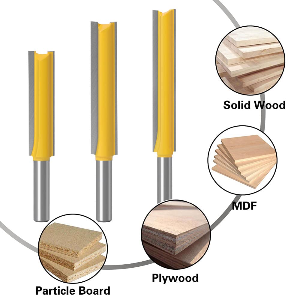 ASNOMY 3Pcs Hoja extra largo recto Fresa Bit Madera Edición Cutter Set, 8 mm vástago Brocas rectas de flauta doble, fresas rectas, fresa para trabajar la madera