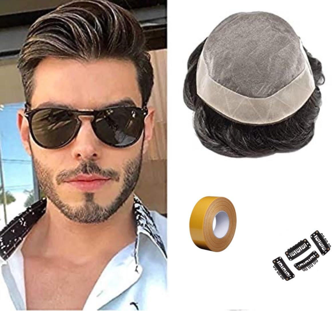 Fine Mono Hair Patch for Men, Super Breathable 100% Natural Human Hair Wig with Poly Coated Perimeter for Easy Fixing – Premium Toupee/Hair Replacement System (Brown, 10x8)