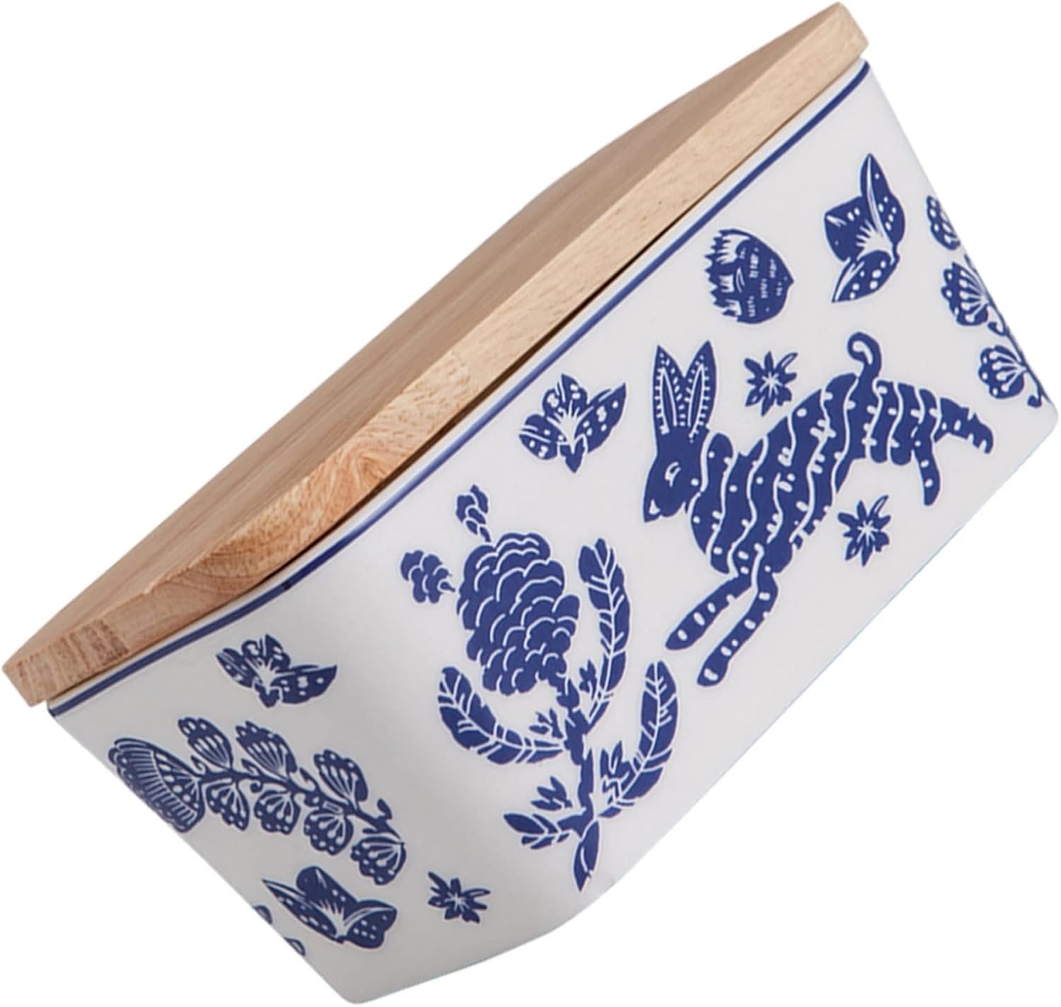 Butter Container 1Pc Patterned Ceramic Butter Dish with lid and Wooden Base Butter Keeper Container Holder Cheese Storage Tray Butter Boxes for All Types of Butter