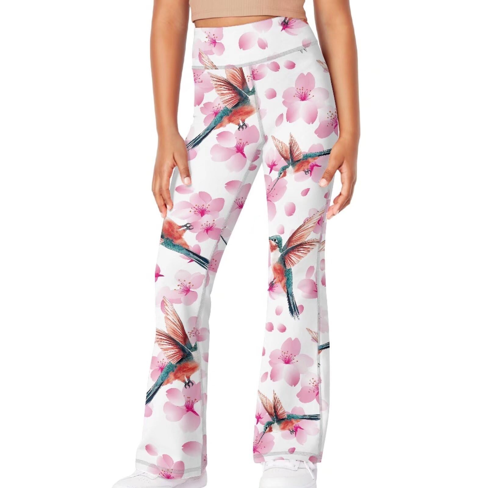 Yzaoxia Hummingbird Long Flared Legging for Girls Yoga Pants Size 9-10 Peach Blossom Tight Bell Bottoms Stretchy Bootcut Legging for Kids High Wasit Pant Running Clothing Gym Outfits Activewear