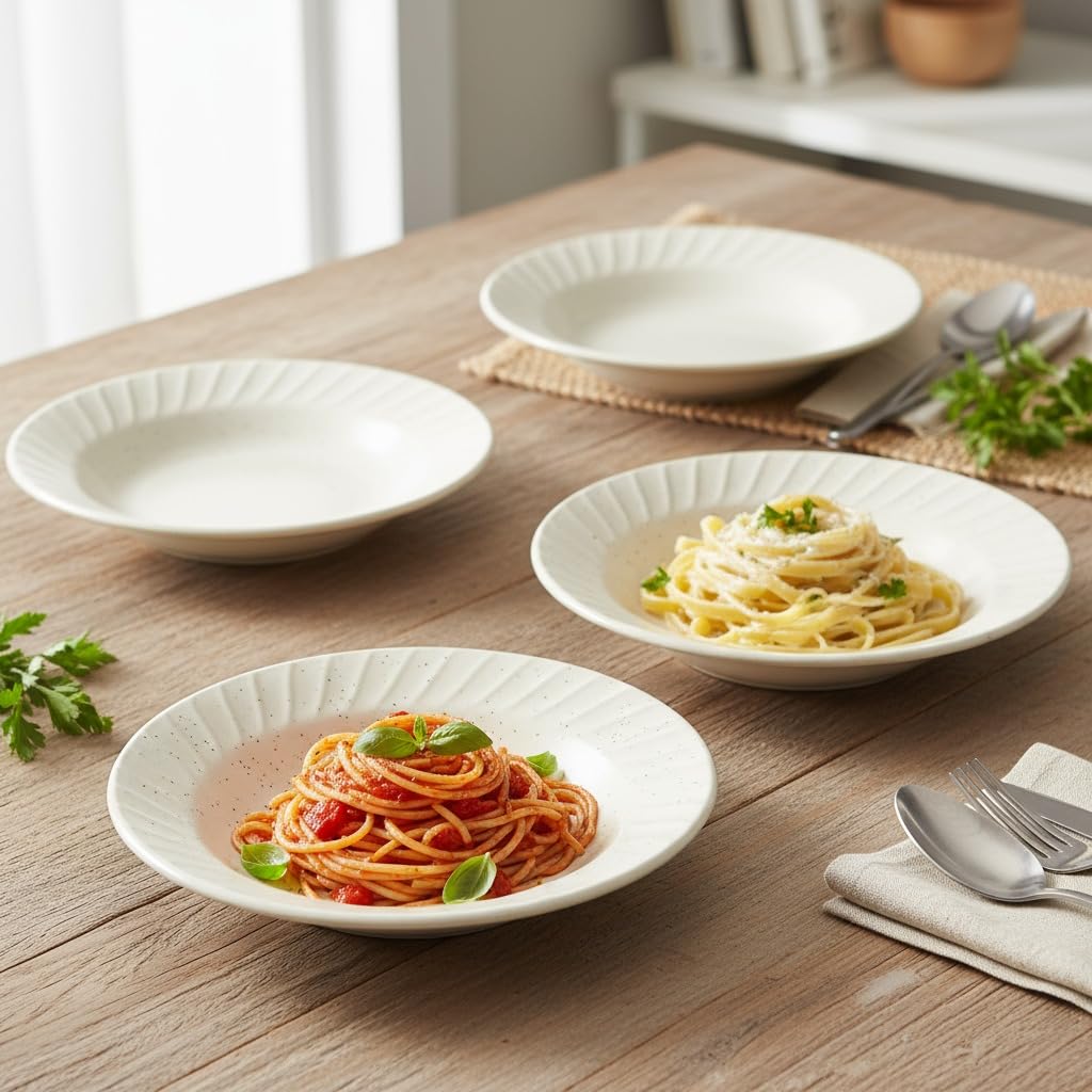 Beyond Homes Ceramic Pasta Plates Shallow, 19 cm, Set of 4, Solid White | Matte Finish Ceramic Pasta Bowl | Flat Stoneware Pasta and Maggie Bowl | Chip-Resistant | Microwave Safe; (4, White Matte)-image-40