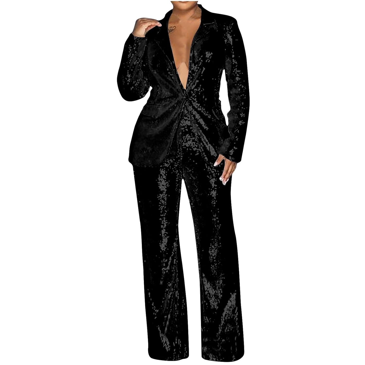 Womens Sequin Blazer Pant Suit Set for Party Night Shiny Slim Fit 2-Piece Outfit Glitter Sparkly Wide Leg