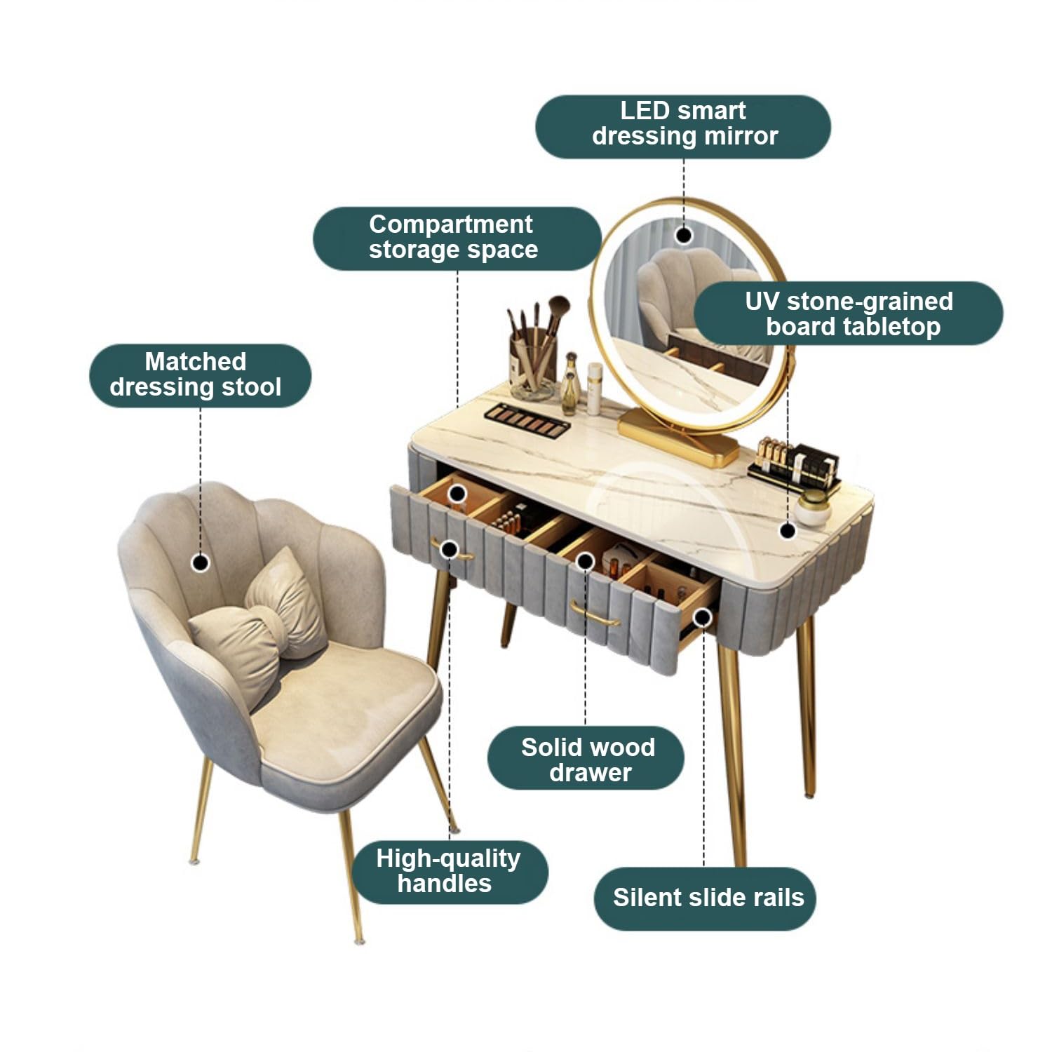 Set da toeletta in legno con illuminazione a LED, sgabello imbottito e mobiletto laterale, elegante tavolo da toeletta per camera da letto, perfetto per ragazze e donne (60 cm / 23.6in)