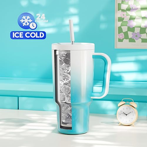 Miniatura 2 de Meoky Vaso de 30 onzas con asa, vaso con tapa y popote, taza de viaje de acero inoxidable aislada, 100% a prueba de fugas, apto para portavasos,