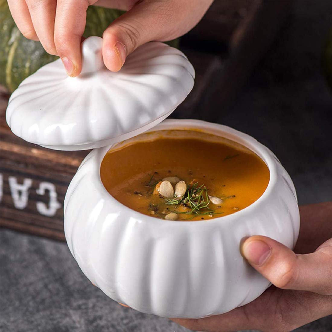 Eplze Cute Pumpkin Bowl, Ceramic Soup Bowl, Strength Porcelain Dessert Bowl with Lid- White - Image 3