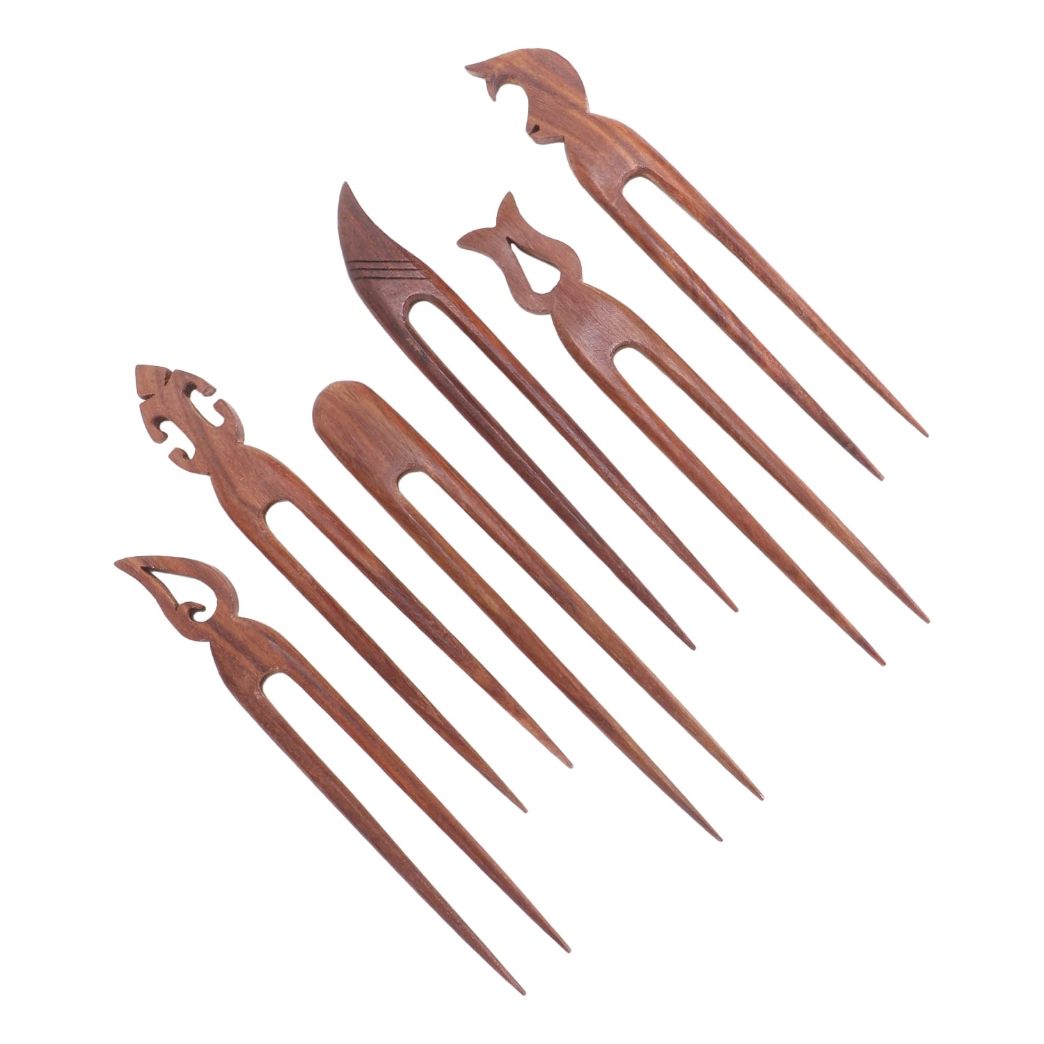 Zap impex 6 Pieces Wooden Hair Sticks Hair Clips Vintage Japanese Hair Pins for Rollers Hair Pins for Women Long Hair Chignon Maker (Brown) (Various Design) (Double Stick)