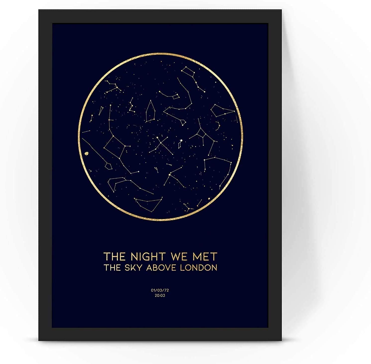 Forefrontdesigns White Personalised The Night We Met Gold Foil Star Map Poster Print, Framed/Unframed (A4 Print (210X297mm) 8.27X11.69 In) (A4 Print With Frame)