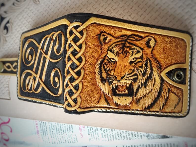 Tiger, Men's 3D Genuine Leather Wallet, Handmade wallet, Carved wallet, Tooled wallet, Airbrush Art, Bifold wallet, Custom wallet, Personalized wallet2