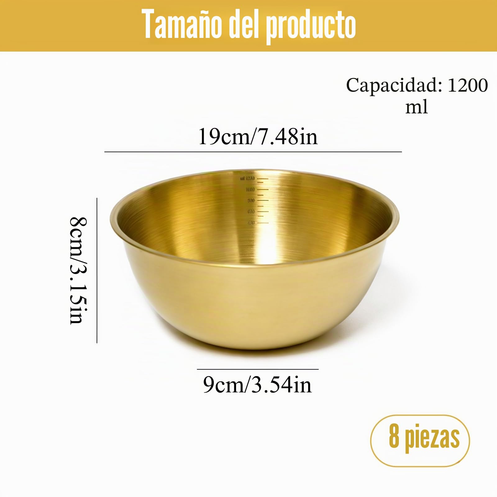 8 Piezas Cuenco Dorado Acero Inoxidable 19 cm Cuencos Mezclar Dorados con 1.2L Escala Cuenco Ensalada Dorado Cuencos Apilables Cocina para Ensaladera Sopa Arroz Ramen Fruta (19 x 8 cm)