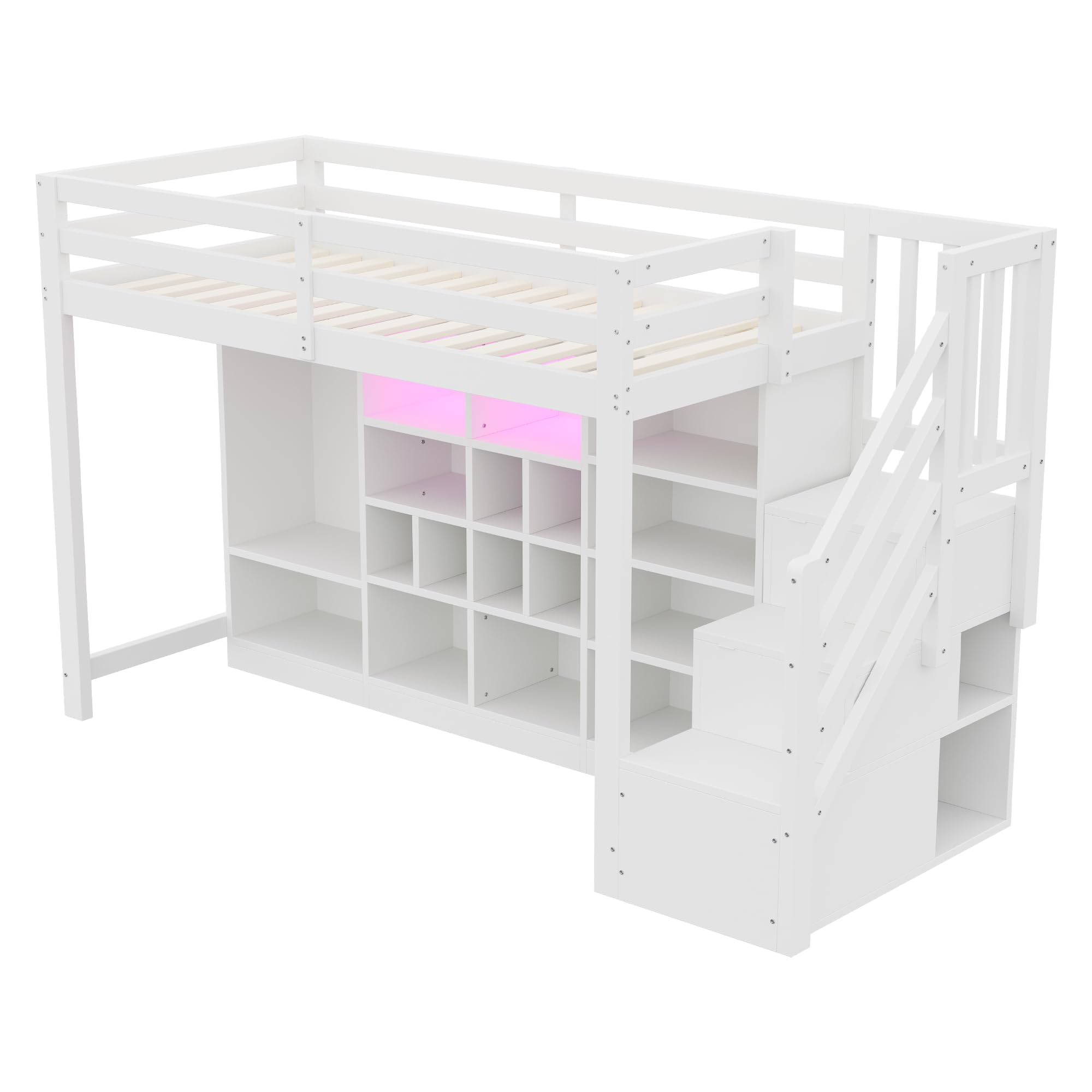 Soweiz Cama alta de 90 x 200 cm, con armarios de almacenamiento con varios compartimentos y un armario, con iluminación LED, escalera lateral integrada, espacio de almacenamiento (blanco)