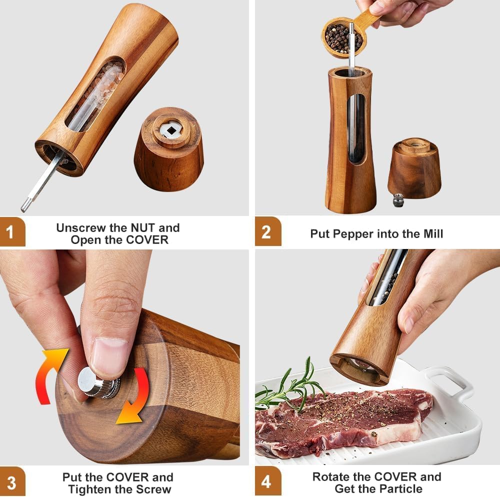 8 Inch Acacia Wooden Salt and Pepper Grinder Set with Tray, Manual Salt & Pepper Shakers with Adjustable Coarseness, Salt and Pepper Mills