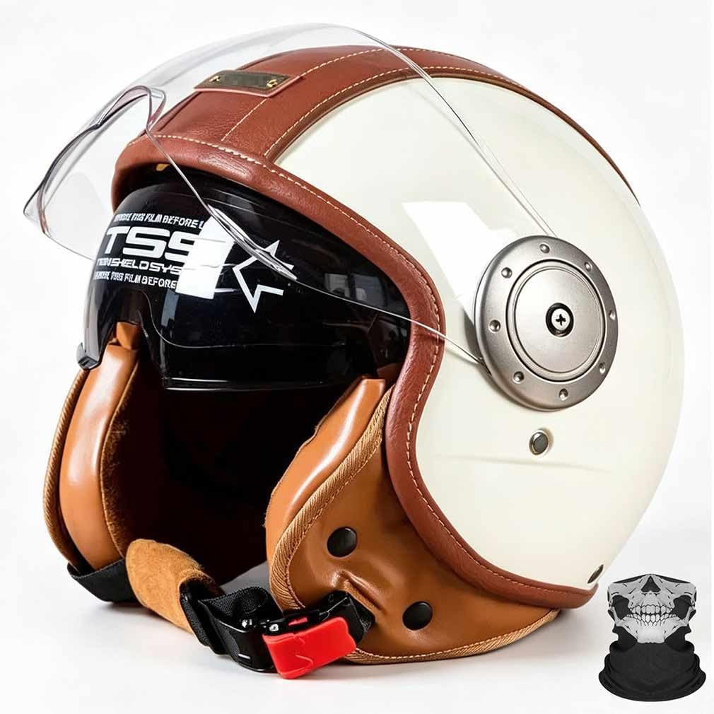Retro 3/4 otwarty kask motocyklowy, ECE 22.06, lekka powłoka ABS, detale ze skóry PU, wyjmowana wyściółka wewnętrzna, z osłoną twarzy, unisex, do miejskich i wiejskich dróg, M-L (57-60 cm)