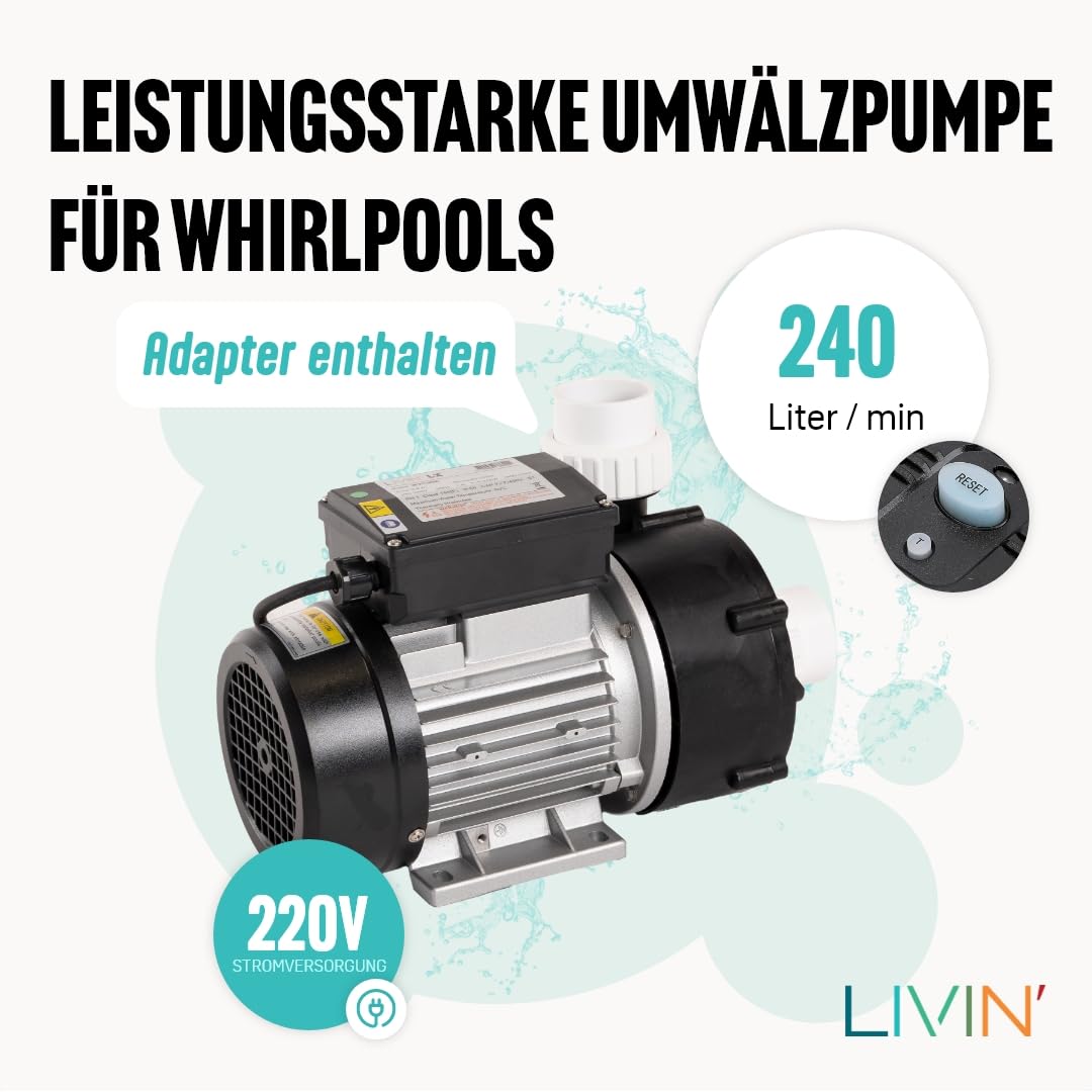 LIVIN' LX WTC50M Spa poolpumpen - Spa umwälzpumpe & Whirlpool Zirkulationspumpe 0.23kw/ 0.3HP - Pool Filterpumpe 240L/ Min Poolpumpe Über Dem Boden - Wasserkreislaufpumpe Mit 230 V/ 50 Hz & Kein Lärm