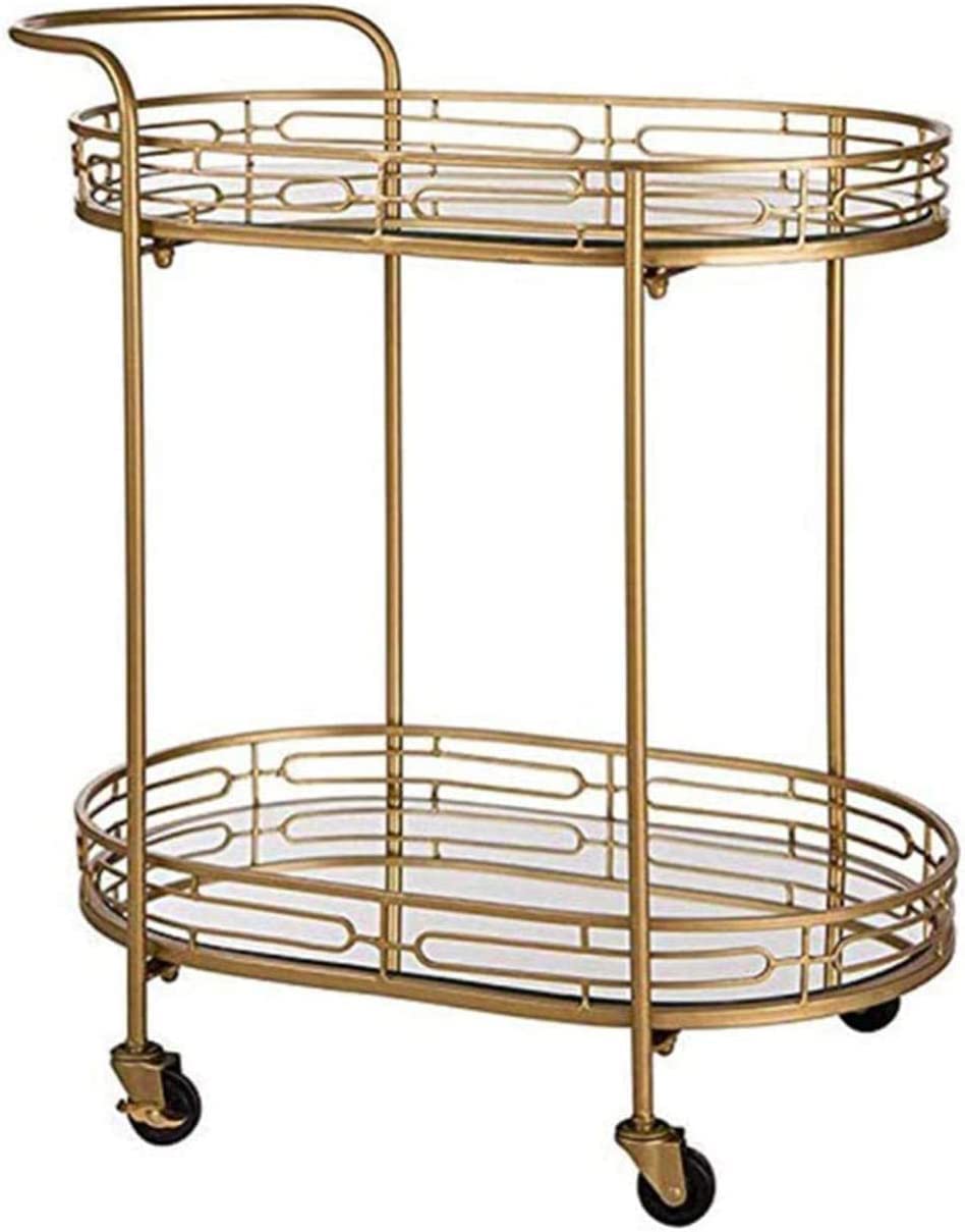 Desserte de Bar pour hôtel, Restaurant, desserte, Cuisine, Traiteur, Bar, Ovale, doré, sur roulettes, Plateau en Verre Miroir, 2 Niveaux