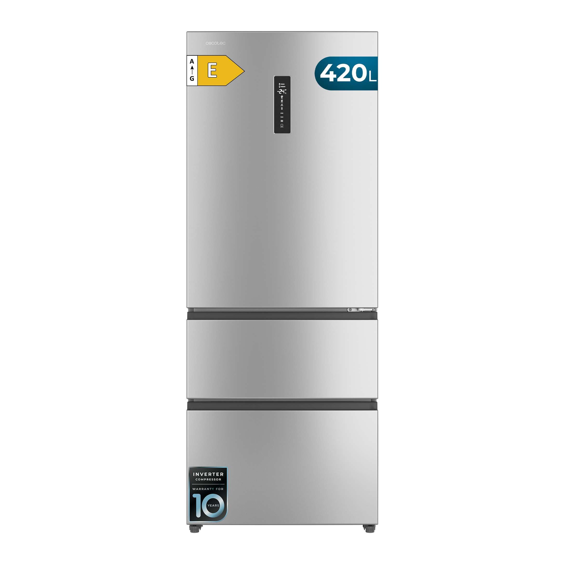 Cecotec Frigorífico Puerta Francesa Total No Frost Bolero CoolMarket FD 420 Inox E, Extra Capacidad Max 420L, Alto 186 cm y 70 cm Ancho, Compresor Inverter, ATT Antibacterias