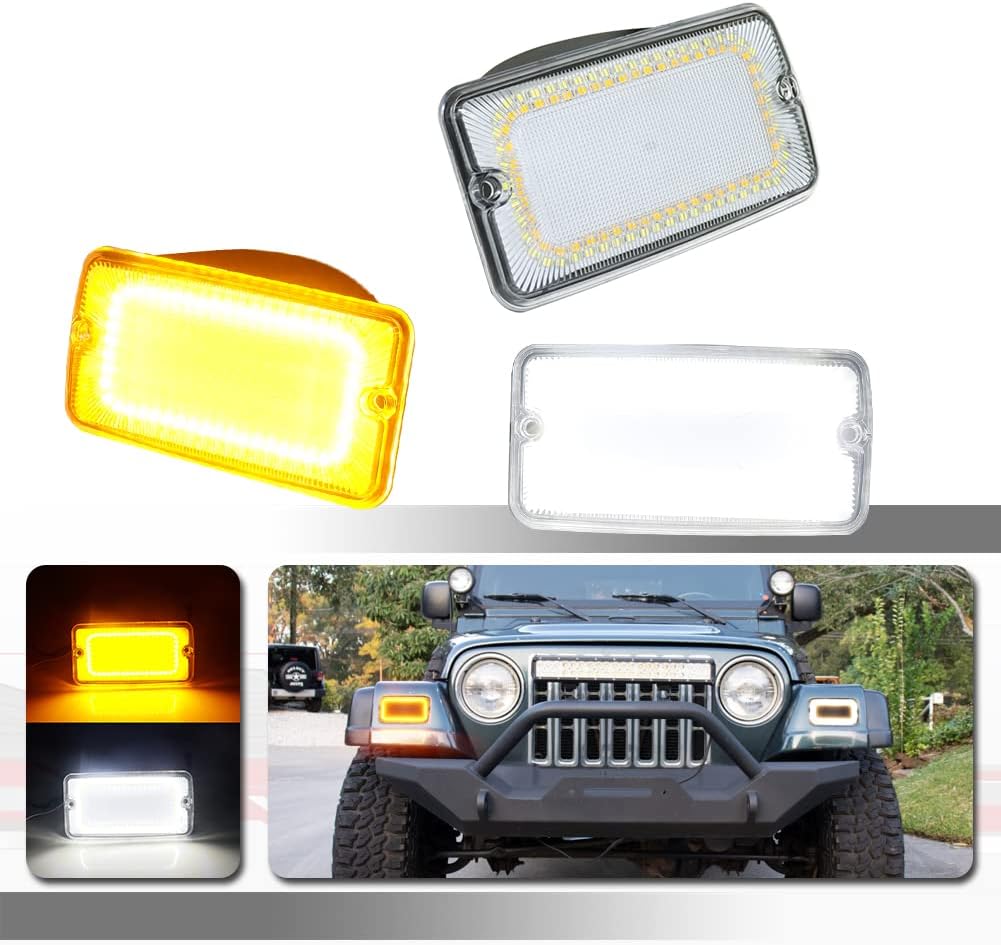For 1997 1998 1999 2000 2001 2002 2003 2004 2005 2006 Jeep Wrangler TJ Front Corner Turn Signal Parking Lights & Daytime running lamps 2 IN 1 Clear Lens Amber & White 55157033AA, 55157032AA