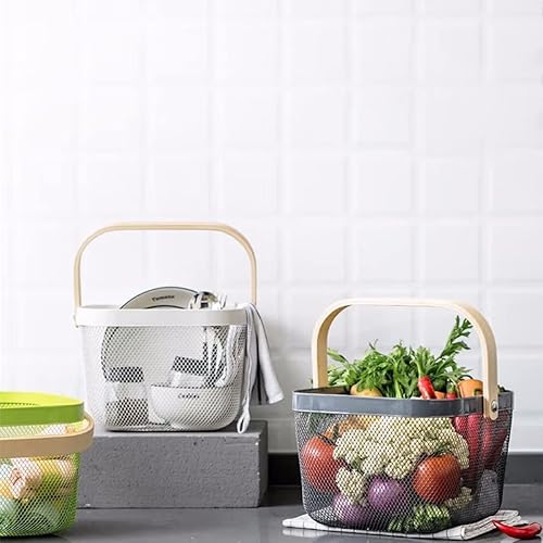 Miniatura 6 de Cesta organizadora de almacenamiento de malla de acero, cesta de frutas con mango de madera, ideal para cocina, baño, picnic, despensa, armarios,
