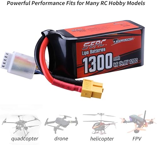 Miniatura 5 de SUNPADOW 4S 14.8V FPV Lipo Batería 1300mAh 120C con conector XT60 para RC FPV Quadcopter Avión Helicóptero Avión Racin (2 paquetes)