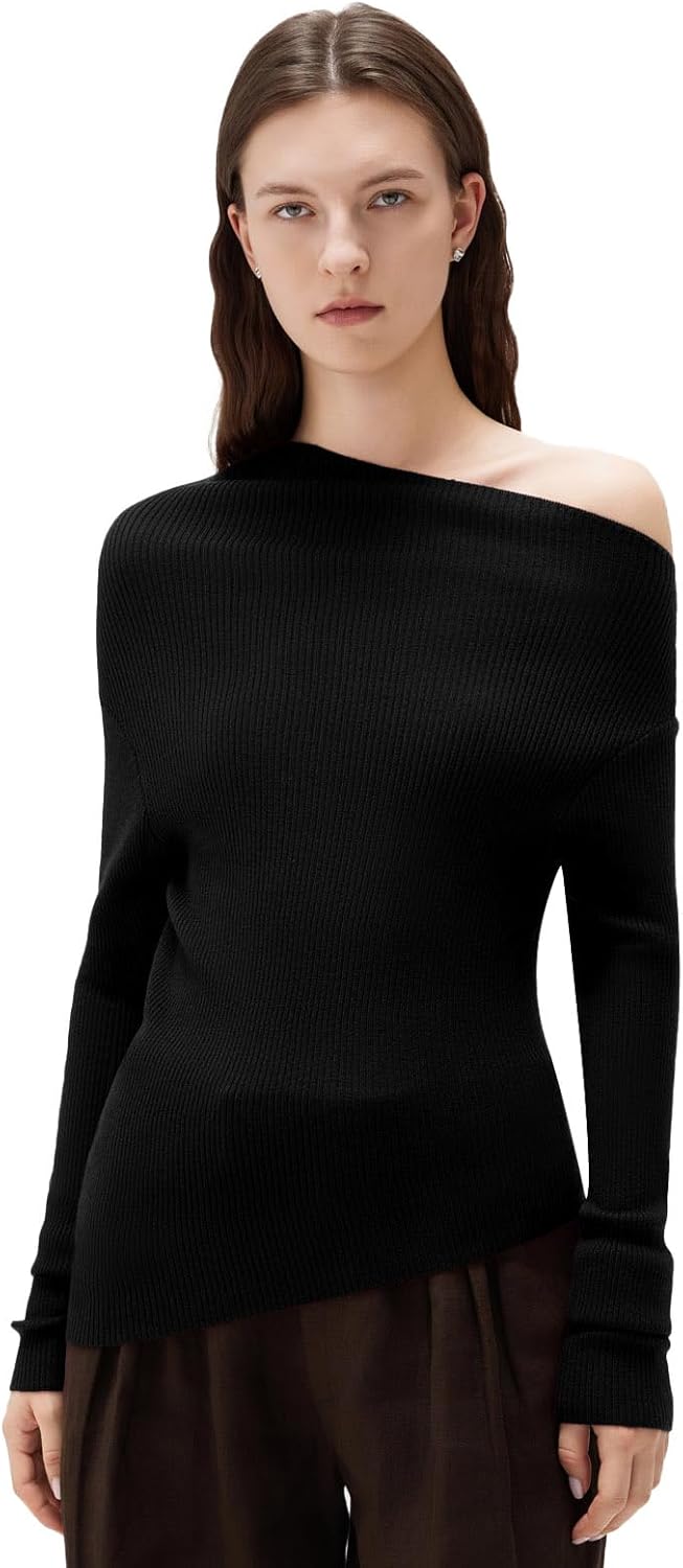 SUUKSESS Women Cashmere Off Shoulder Pullover Sweater Ribbed Knit Long Sleeve Shirts