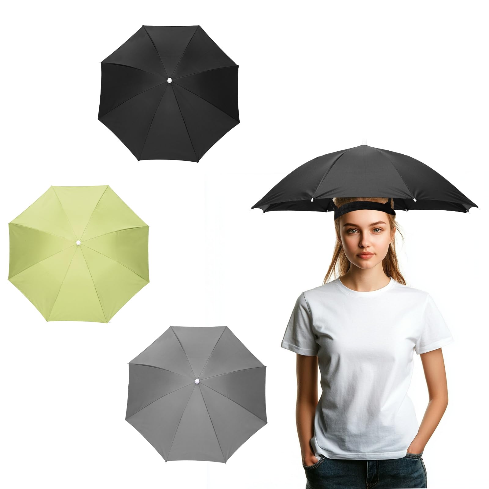 YELARXI Umbrella Hat, Fishing Hat Waterproof Adjustable Sun Rain Cap with Elastic Band, 27" & 3Pcs & Black, Gray, Light Green - Fit For(Women/Men Fishing/Camping/Gardening/Beach/Sunshade)