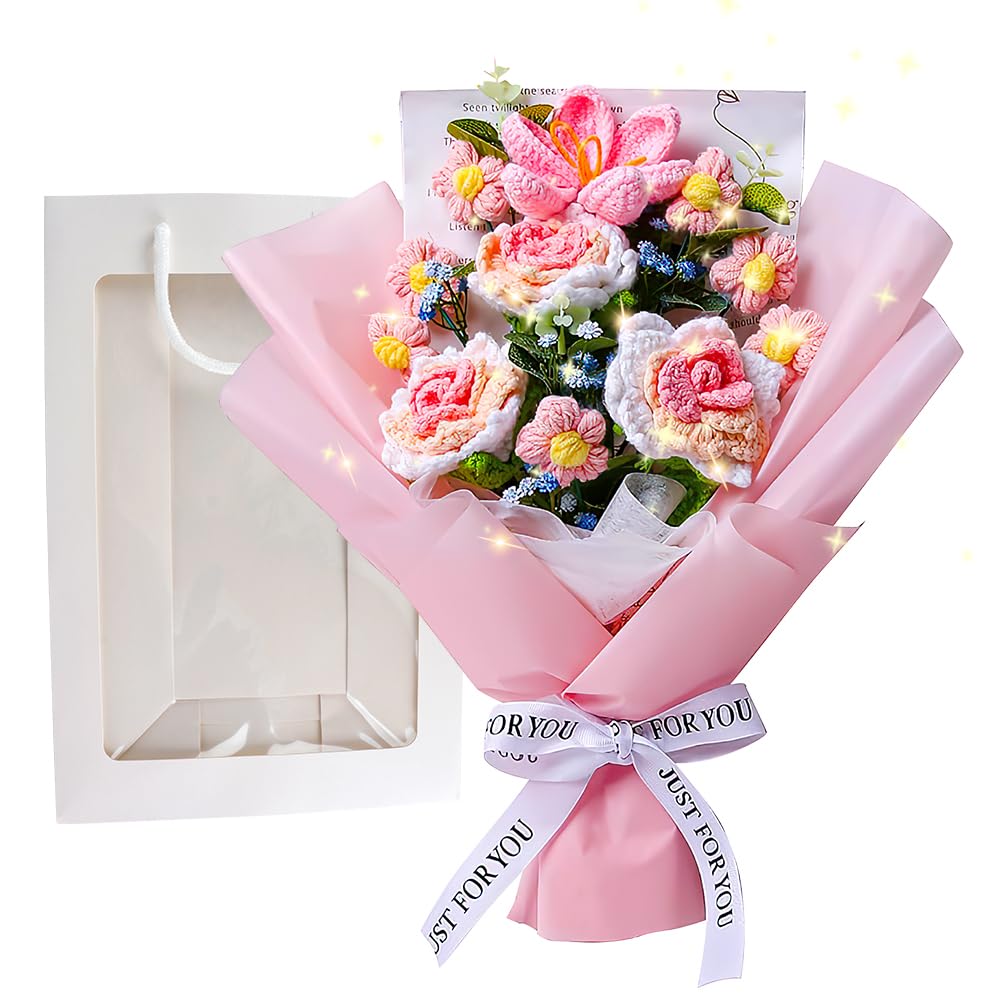 Dhqkqg Crochet Flowers Bouquet,Handmade Artificial Knitted Rose & Tulip,Knitted Flower with Greeting Card & Gift Bag,for Home Decor,Weddings,Birthdays,Mother's Day Graduation,Christmas