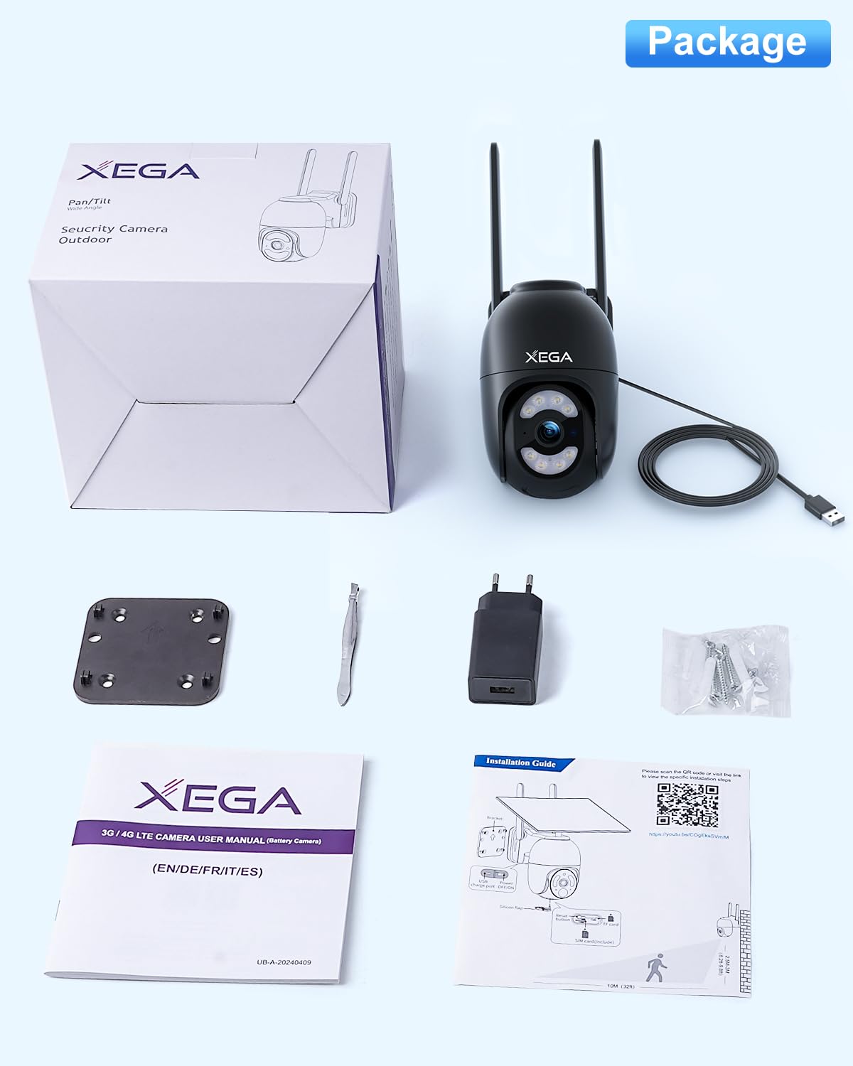 Xega 4G Camara Exterior con Tarjeta SIM, 24/7 Grabación Continua Cámara Vigilancia con Cable, PTZ 355°/100°, Detección Humano Seguimiento Automático Visión Nocturna Luz Sonido Alarma【Carga por Cable】