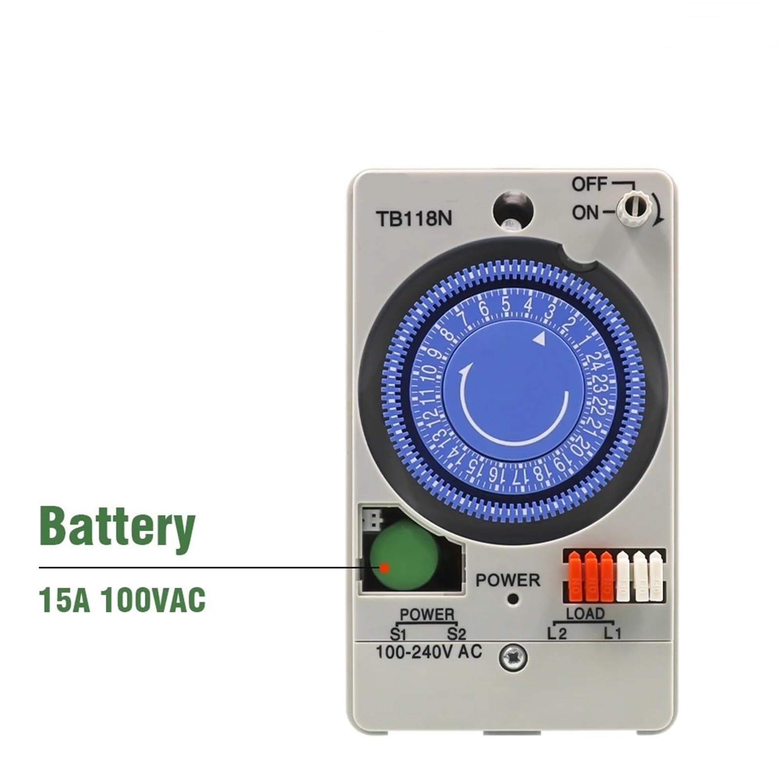 Interruptor Temporizador mecánico TB118N de 100-240 V CA, 50-60 Hz, for riel DIN, Resistente al Agua, con Cubierta Protectora de plástico Transparente y batería.