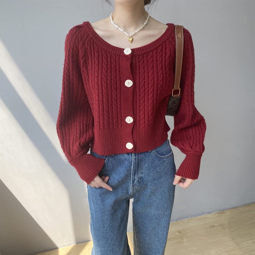 Chaqueta De Punto Mujer,Cárdigans De Punto De Cable Grueso Para Mujer Abrigo Elegante Borgoña Cuello Redondo Suéteres Cárdigan Botón De Manga Larga Cárdigan Frontal Abierto Chaqueta De Abrigo