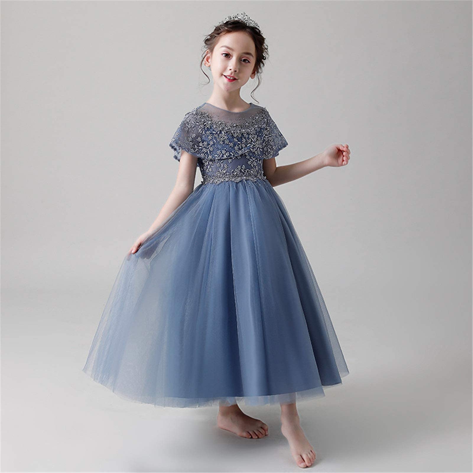 Kleider für besondere Anlässe für Mädchen, Mädchen-Abendkleid, Hochzeitskleid, Prinzessinnenkleid, westlicher Stil, Blumenmädchen, Puffgarn, Kinderklavierkostüm, Gastgeber (Farbe: Blau, Größe: 110 cm)