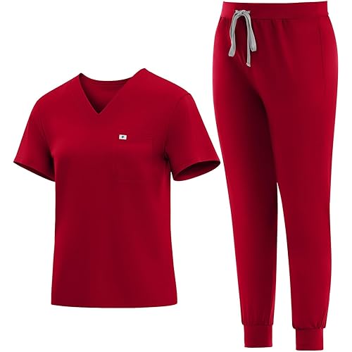 Medical Scrubs Set for Women - Classic V-Neck Top & Jogger Pants with Stretch Nursing Uniform Scrub Suit