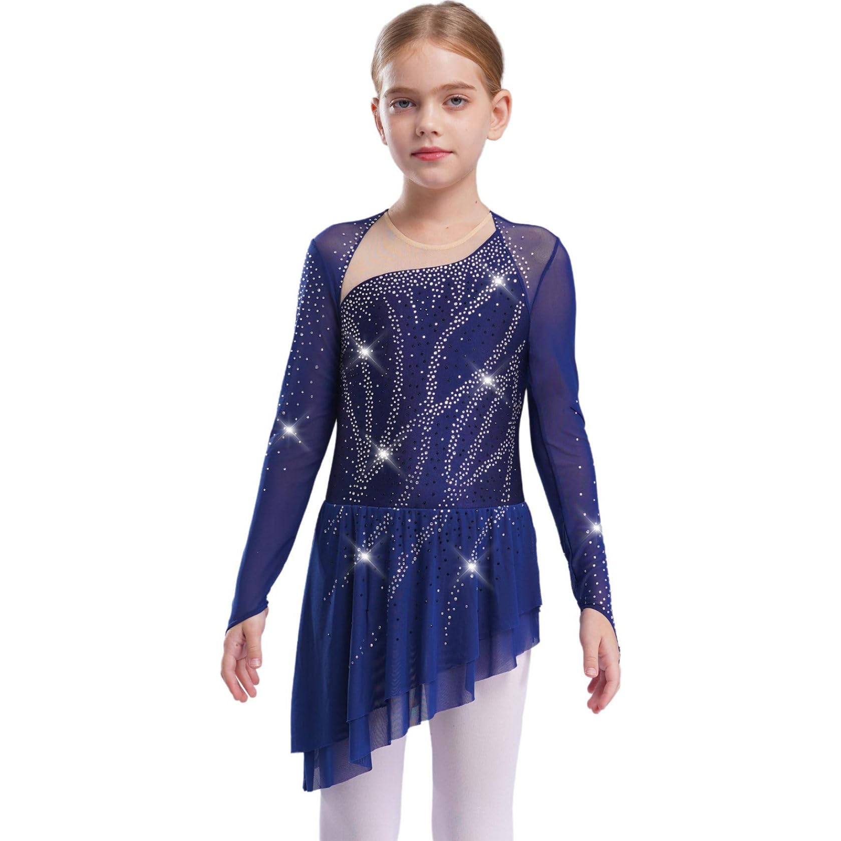 Sxiwei Fille Robe Patinage Artistique Asymétrique Strass Justaucorps Gymnastique Danse Spectacle Tenue Costume