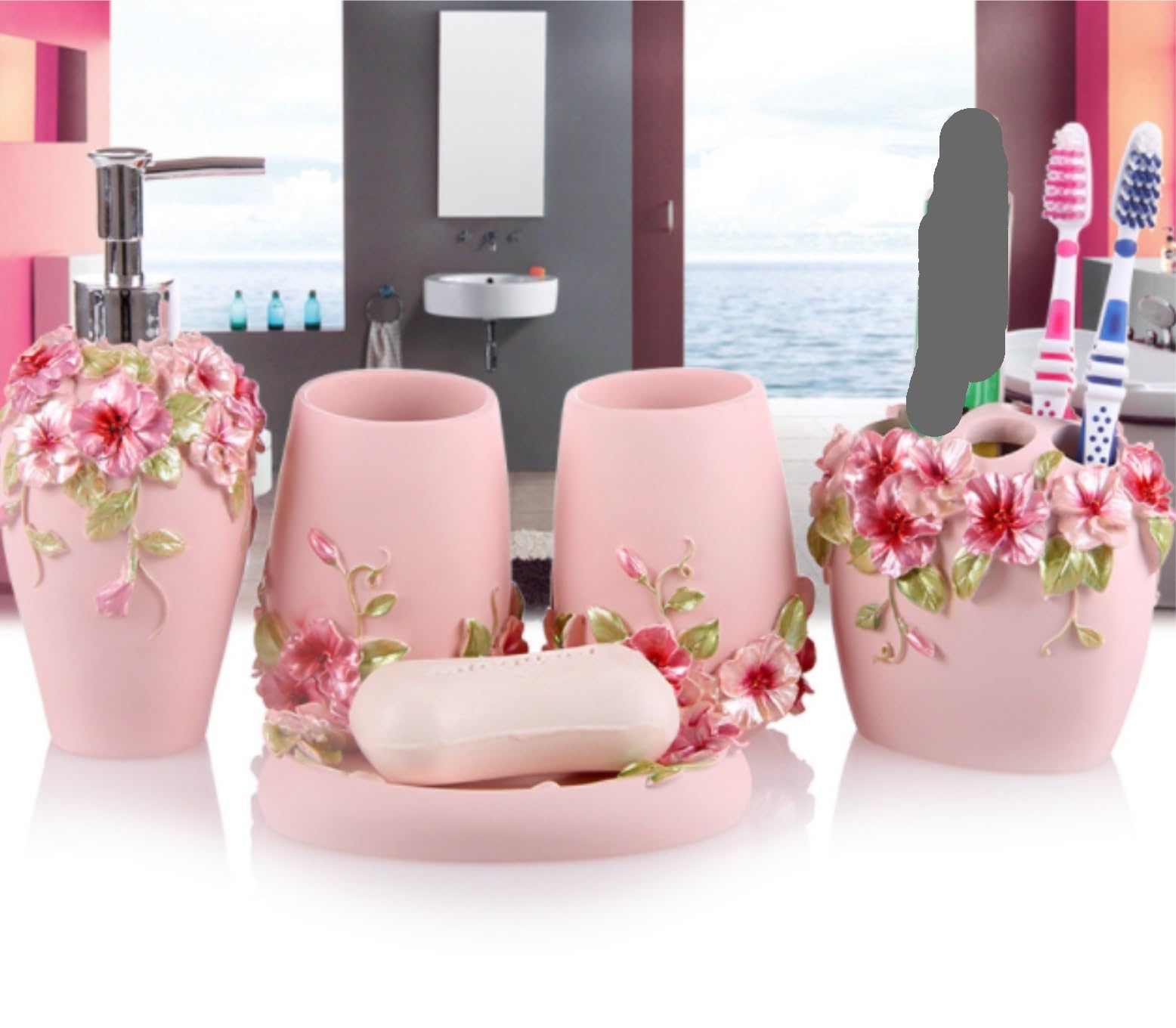 Accesorios De Baño Juego De 6 Dispensadores De Líquido para Baño, Accesorios De Baño De Resina, Soporte para Cepillo De Dientes, Jabonera, 2 Vasos Set De Baño Accesorios