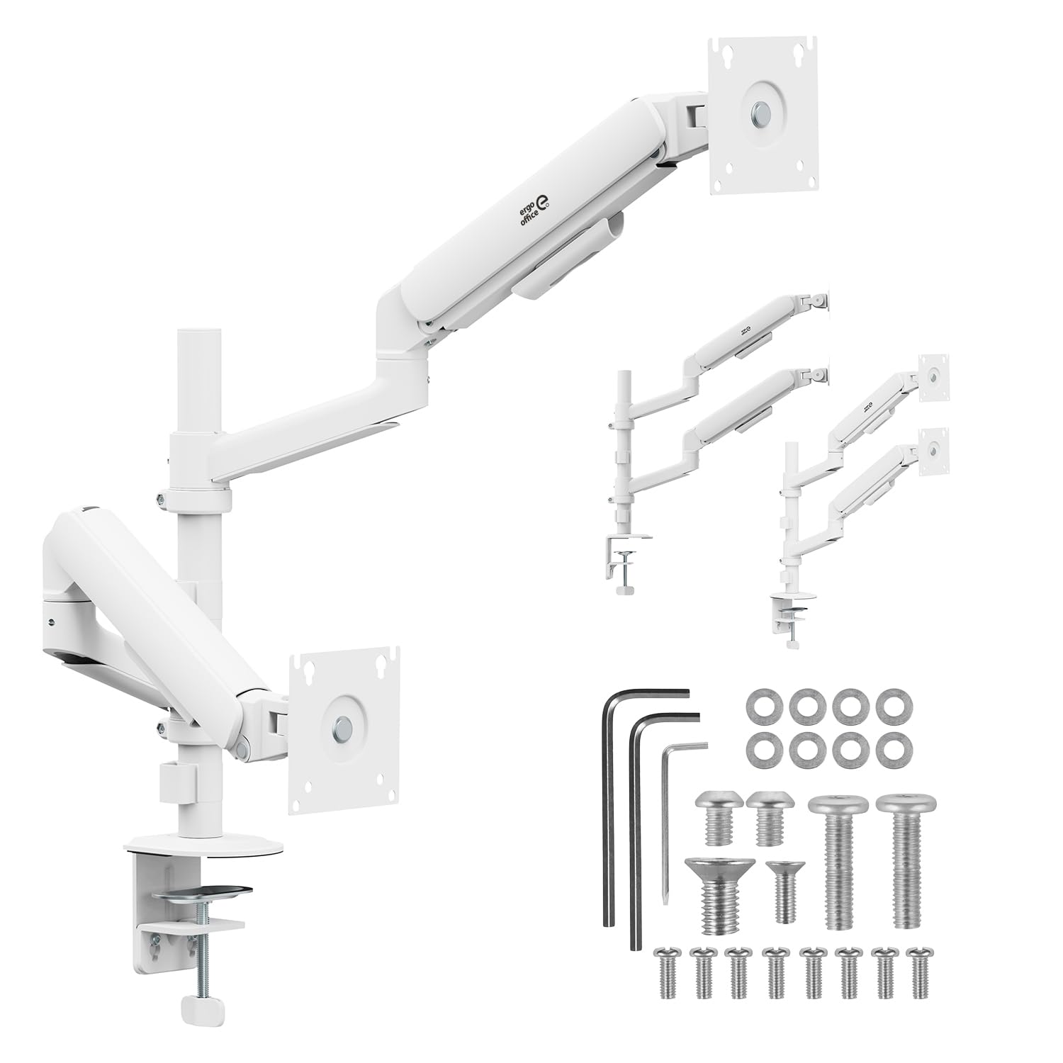Supporto per 2 monitor Ergo Office (17-32 pollici), doppia molla a gas, VESA 75 x 75, 100 x 100, 2 x 10 kg, regolazione in altezza, rotazione, inclinazione, montaggio sul piano del tavolo (bianco)