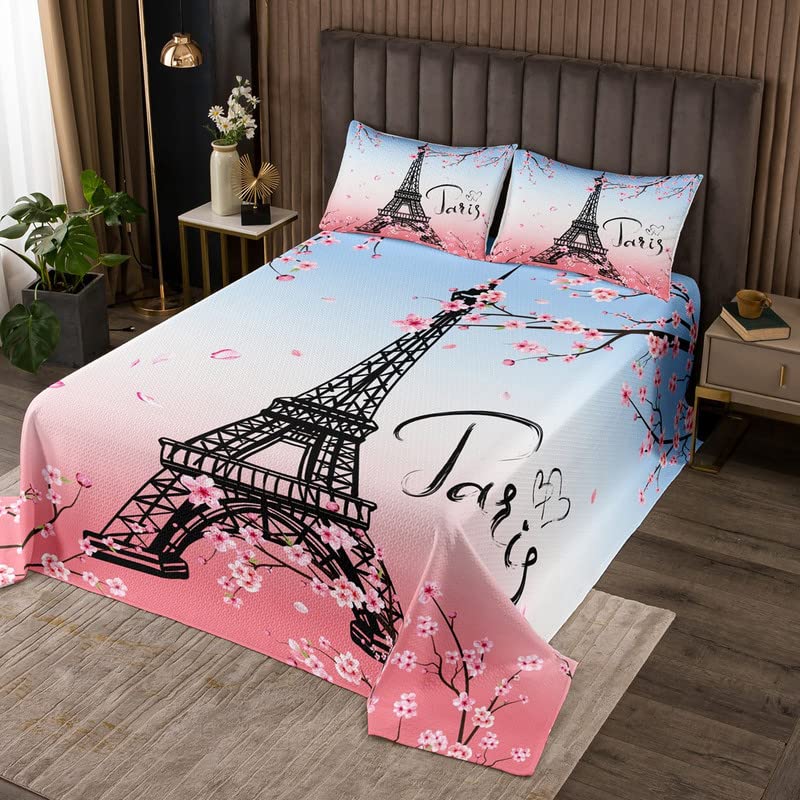 Juego de colcha de la Torre Eiffel con diseño de flores de cerezo y Torre de París, colcha acolchada para niños, diseño de paisaje urbano famoso, decoración de habitación de San Valentín, 3 piezas, t