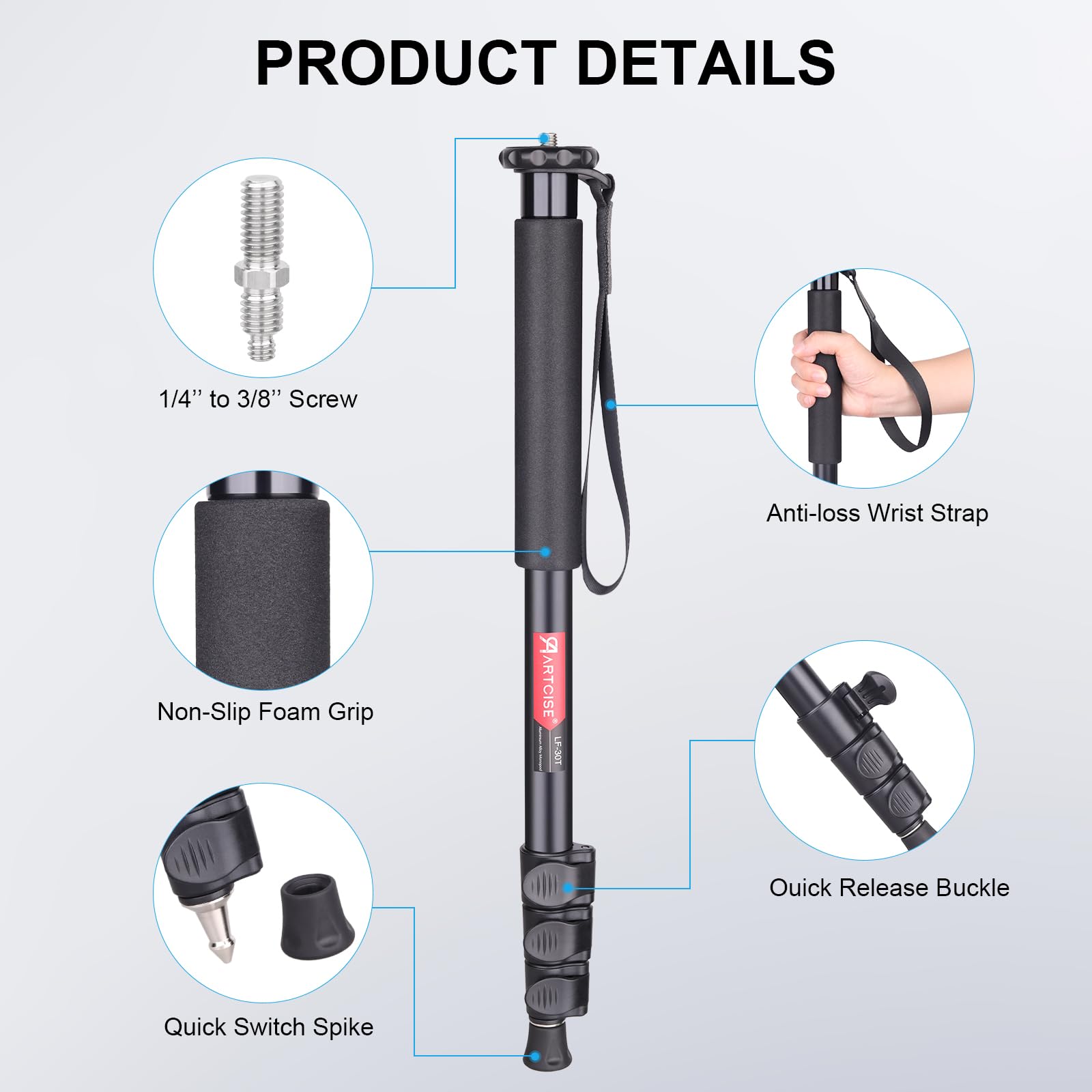 ARTCISE Monopiede per fotocamera, 156 cm, in lega di alluminio, monopiede compatto con altezza a 4 sezioni, supporto da viaggio leggero per fotocamera DSLR, capacità di carico 15 kg