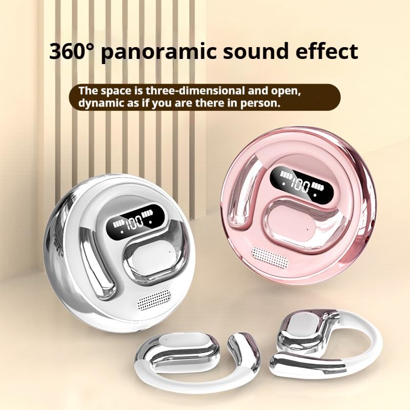 Image of NYXO K03 Open Ear Wireless Earbuds with LED Display, Bluetooth 5.3 Clip-On Earphones, Pain-Free Design, HiFi Sound, Lightweight Sports Headphones with Charging Case for Calls, Music & Workout (SILVER)