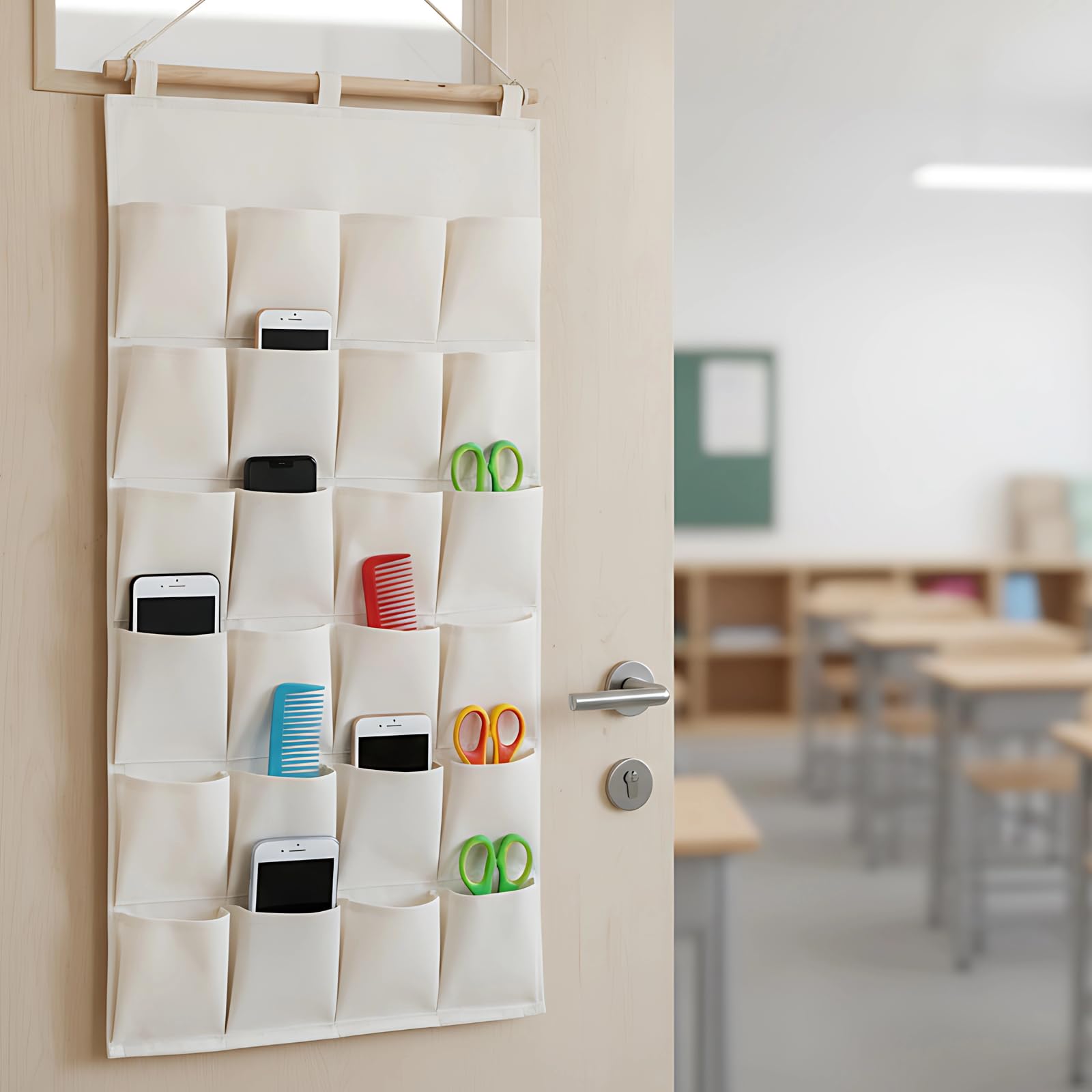 Hänge-Organizer aus Stoff mit 24 Taschen, 89 x 45 cm, Wandhalterung, Aufbewahrungstasche, Beige, für Handy, Schlüssel, Kämme