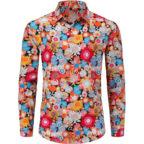 Mens 70s Shirt Long Sleeve Button Down Floral Retro Outfit for 70s Disco and Hippie Costumes 14-XL