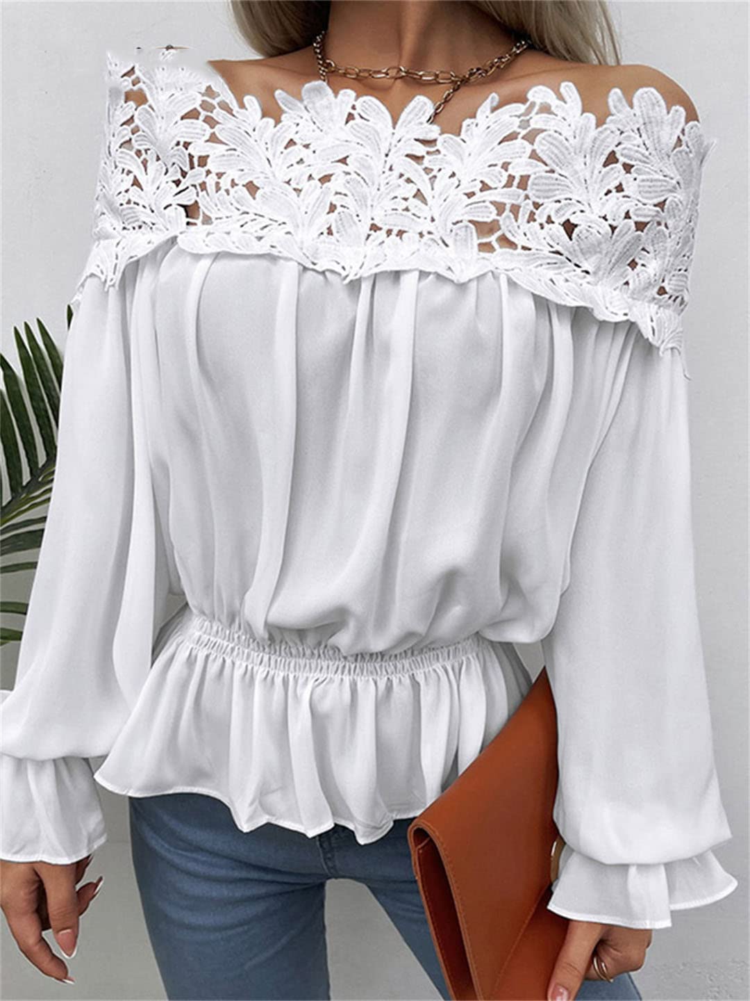 Générique Femmes Sexy Hors épaule Blouses Dentelle Blouses Blanches à Manches Longues Tunique froncé Chemises à la Taille