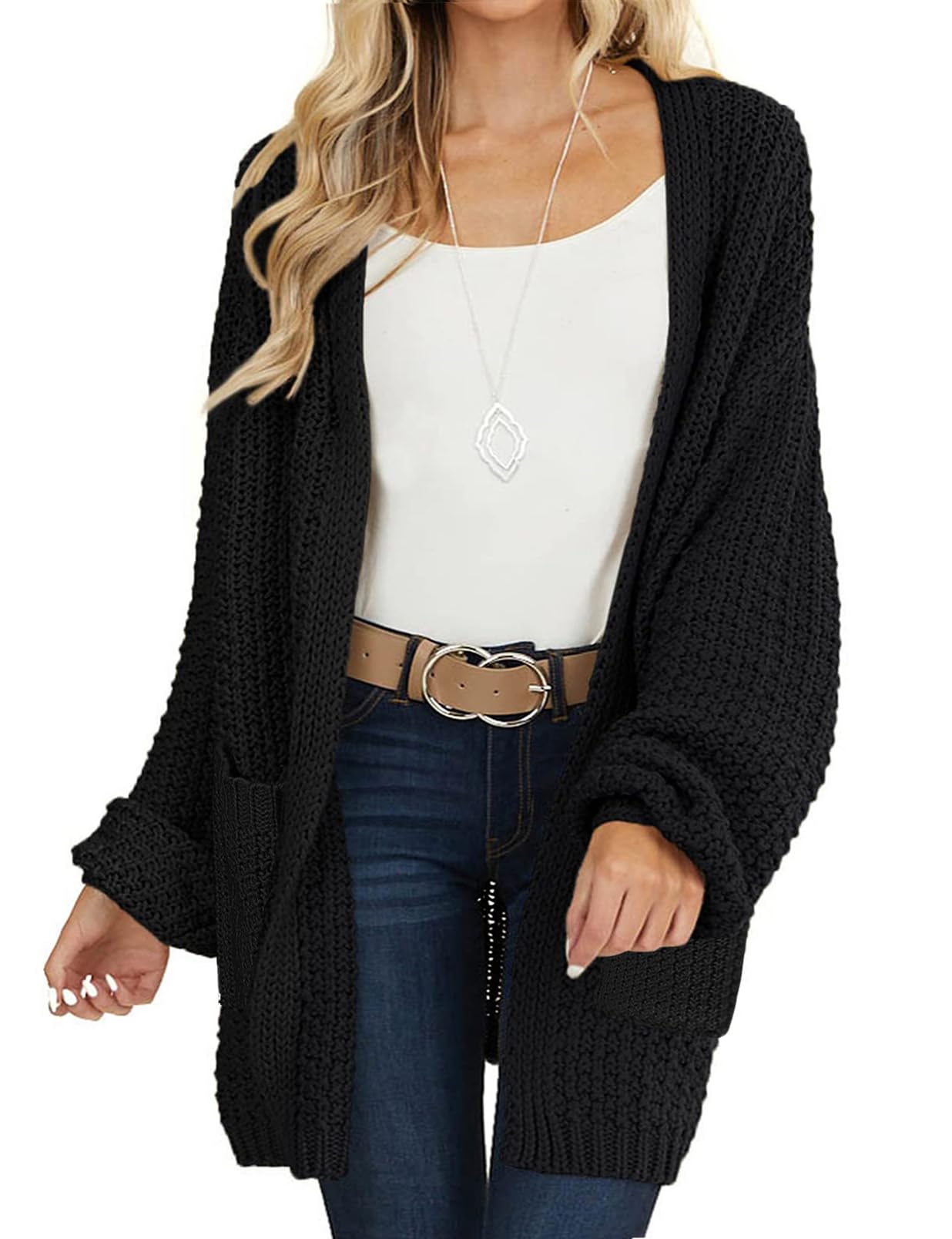 MEROKEETY Womens 2025 Fall Open Front Chunky Knit Sweater Oversized Lantern Sleeve Cardigan Outwear