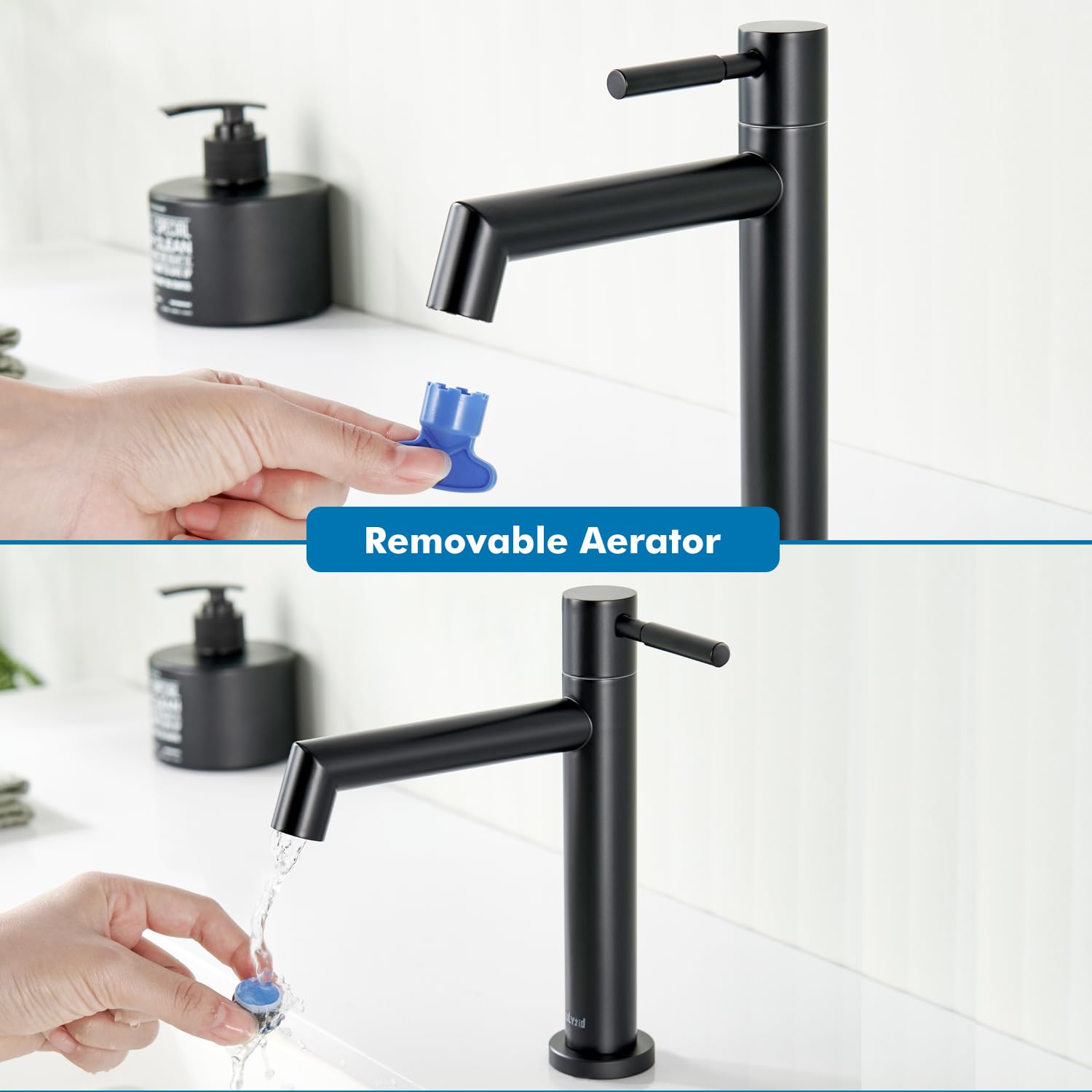 Robinet Eau Froide Uniquement Noir, Robinet Lave Main Salle Bain avec Mousseur Amovible, Acier Inoxydable avec Hauteur sous Bec 113 mm pour WC Invités