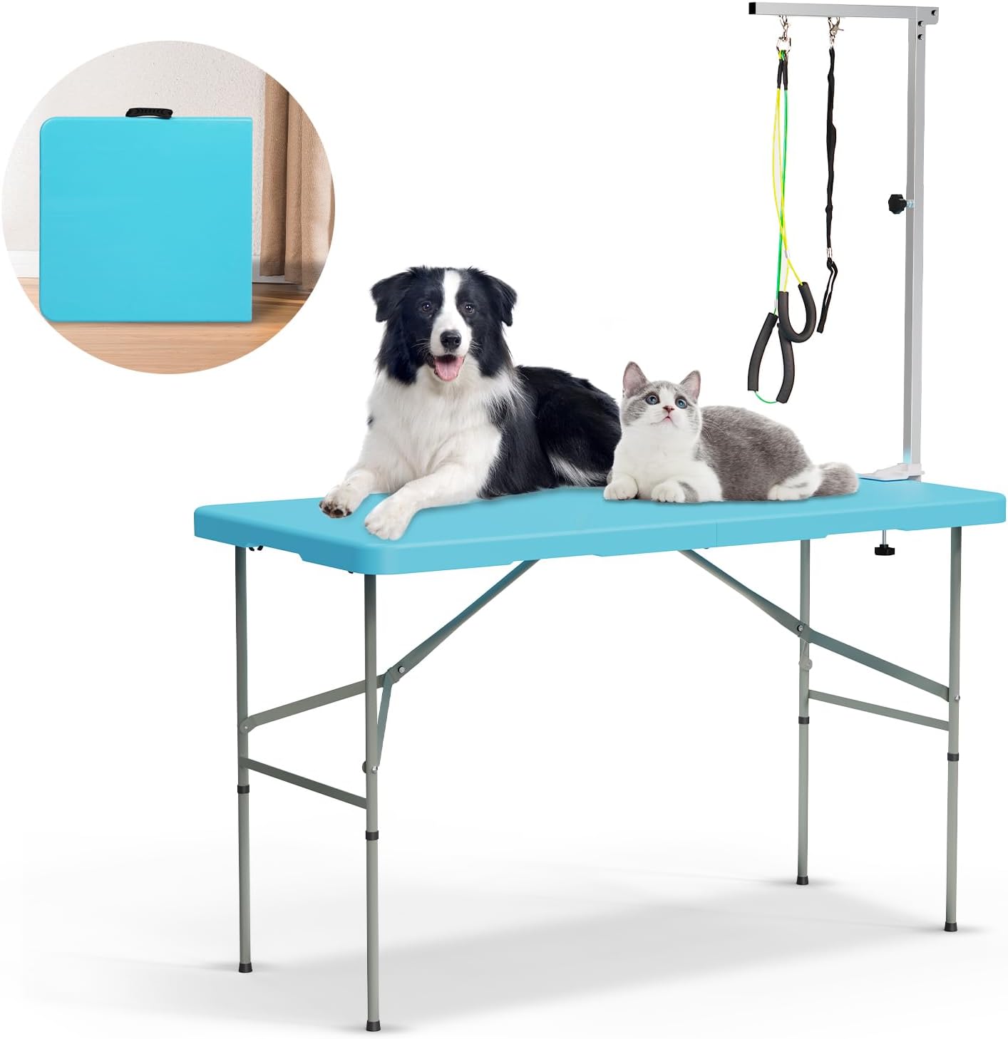PKNYBZN 47'' Dog Grooming Table, Heavy Duty Pet Grooming Table for Dogs at Home Foldable Grooming Table/Adjustable Arm & Noose, Stainless Steel Professional Dog Show Blue
