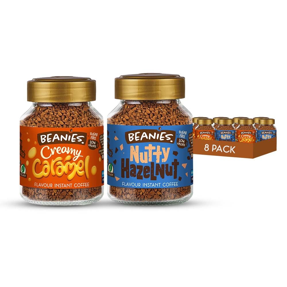 Beanies Instant Coffee with Creamy Caramel x 4 and Nutty Hazelnut x 4 Flavours, 400g (50g x 8 pack) - Delicious, Rich in Flavour, Low-Calorie, Sugar-Free, Suitable For Vegetarians And Vegans