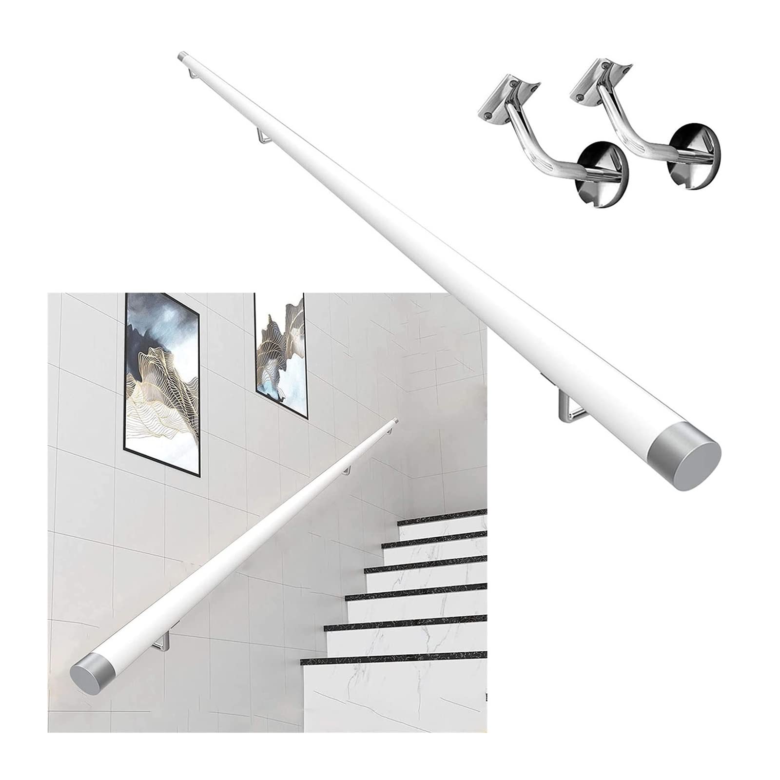 Main courante pour escaliers bois massif rond blanc kit support rampe mural intérieur extérieur