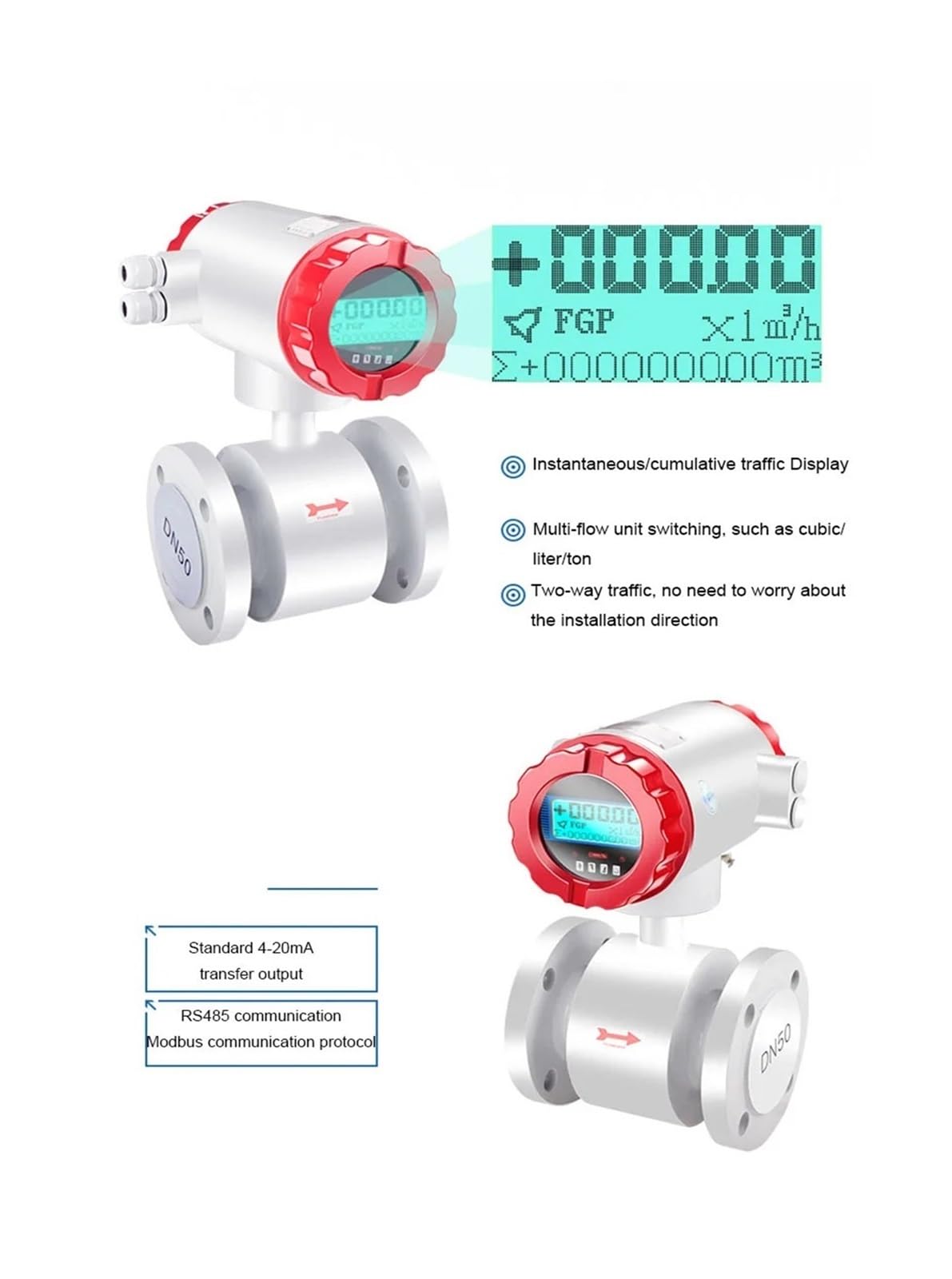Caudalímetro, Caudalímetro electromagnético inteligente for tuberías de agua líquida y aguas residuales, pantalla digital, calibre grande, electrónico DN200(DN25)