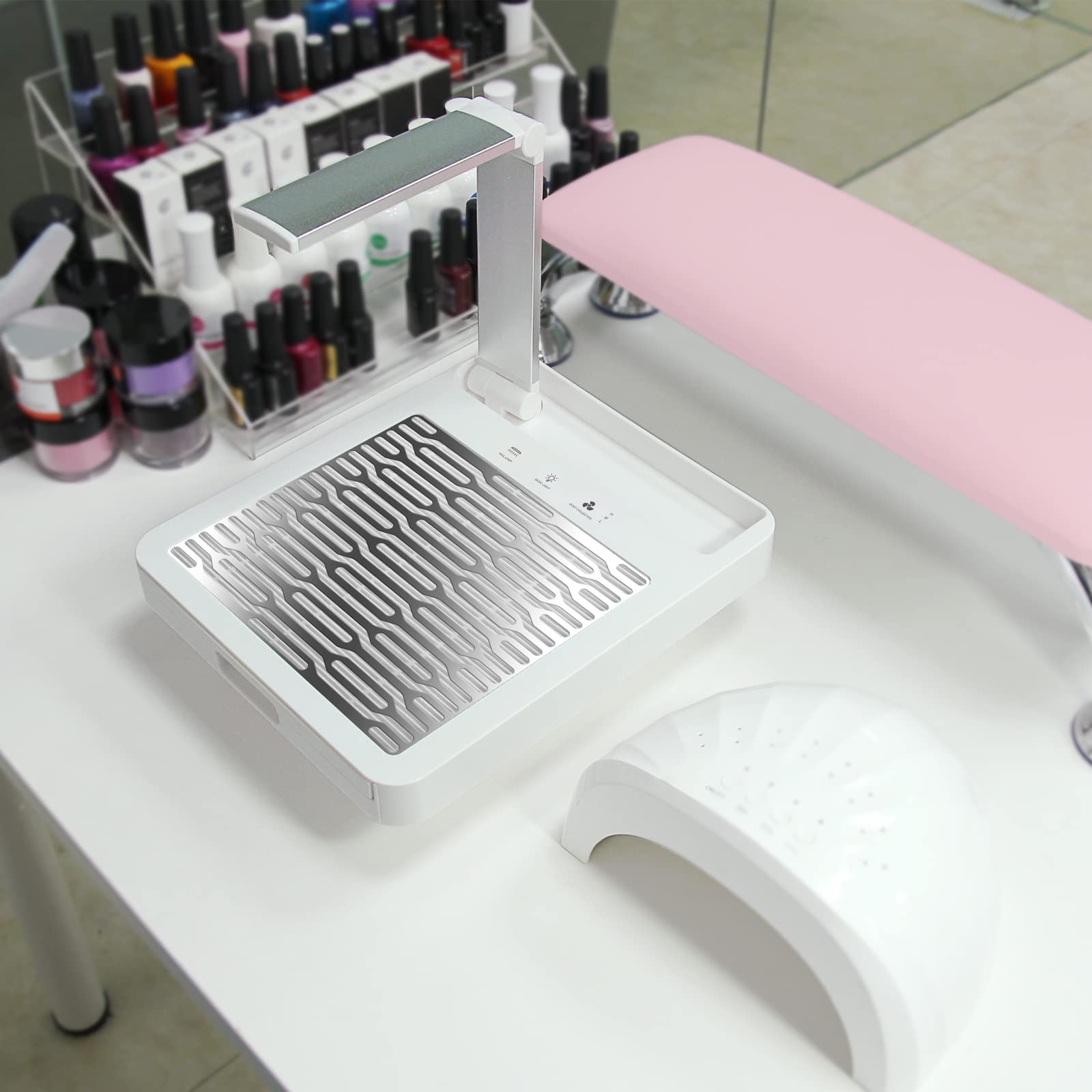 Aspirateur Ongle avec Séchoir à Ongles et Lampe de Bureau, Aspiration Réglable, Professionnelle Onglerie Aspirateur Collecteur de Poussière Ventilateur avec Filtre Remplaçable, NDC6