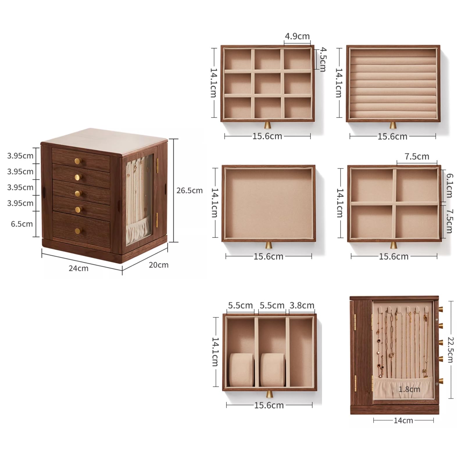 grande Joyero de nogal negro, organizador de joyas de madera giratorio 360° con cinco cajones y ventanas laterales de vidrio, Regalo para Ella
